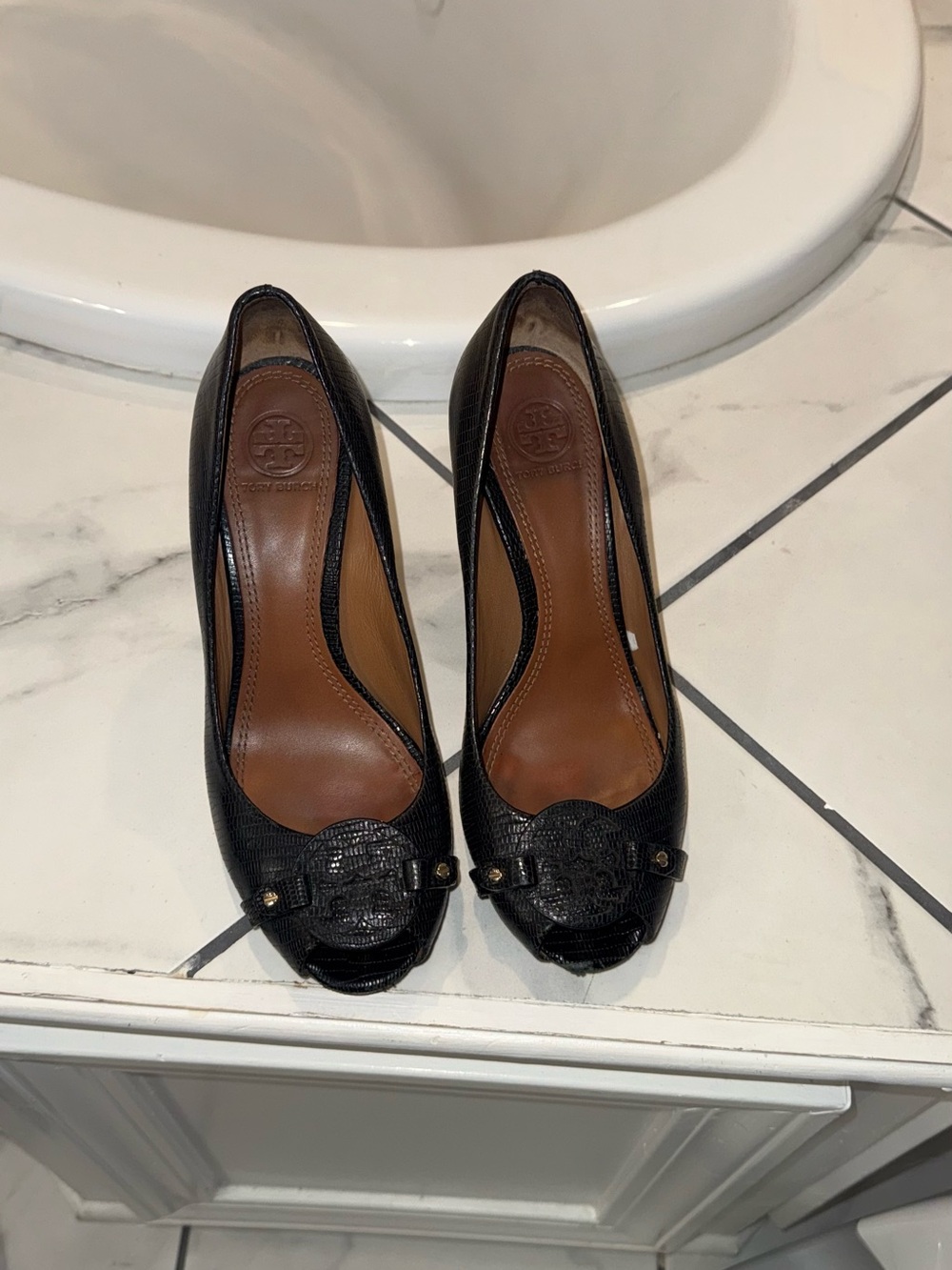 Tory Burch Black Peep-Toe Logo Pumps